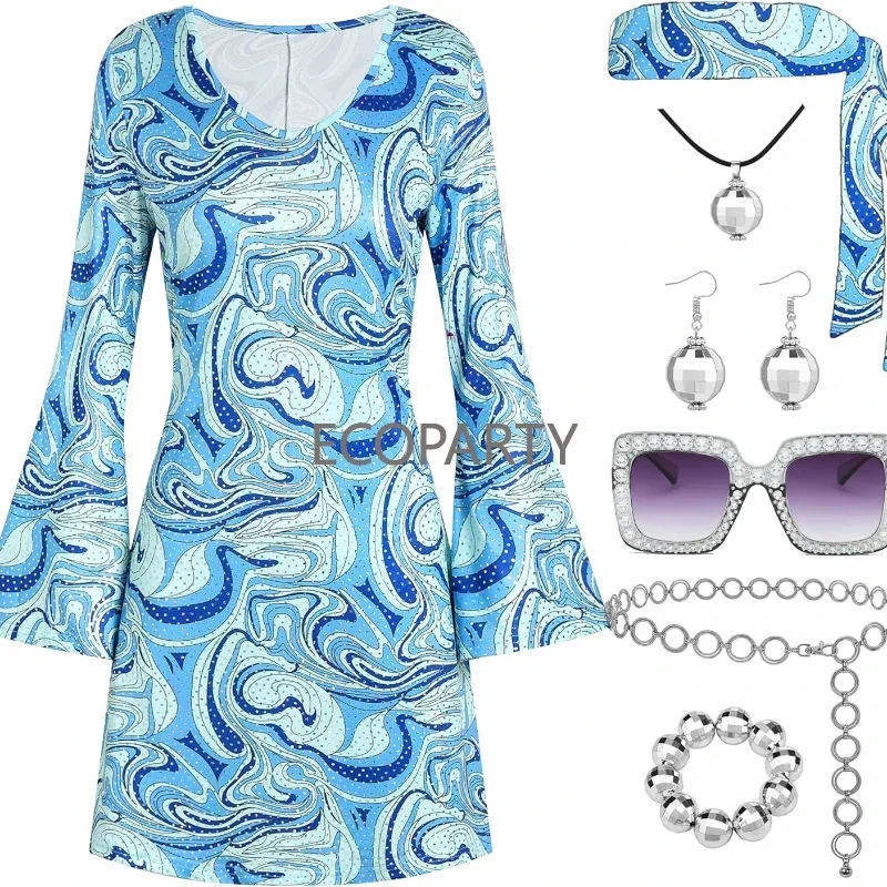 70s תלבושות דיסקו נשים, 7 pcs 70s השמלה השמלה תלבושות היפית היפית אביזרים תכשיטים ליל כל הקדושים שמלות בגדי אנימה