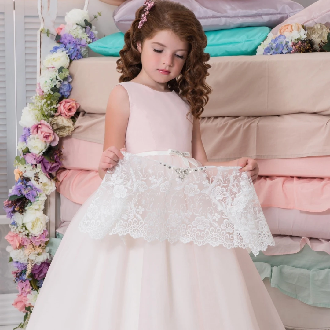 

Satin Sleeveless Round Collar Flower Girl Dresses Appliques Long Princess Party Pageant First Communion Birthday