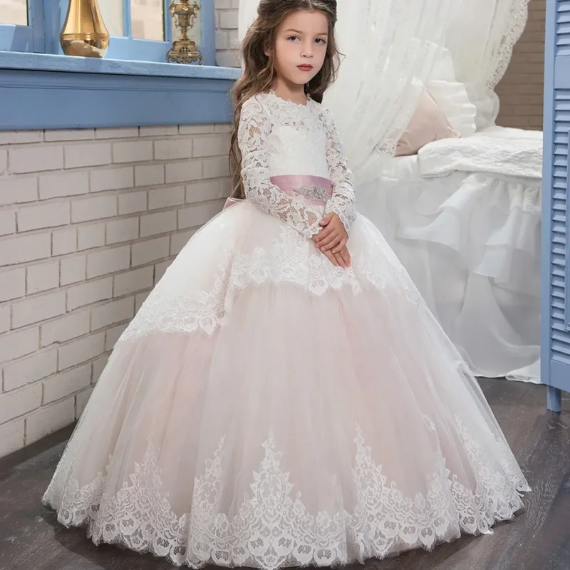 

White Pink Flower Girl Dresses Tulle Lace Appliques With Pink Bow Belt Long Sleeve For Wedding Birthday First Communion Gowns