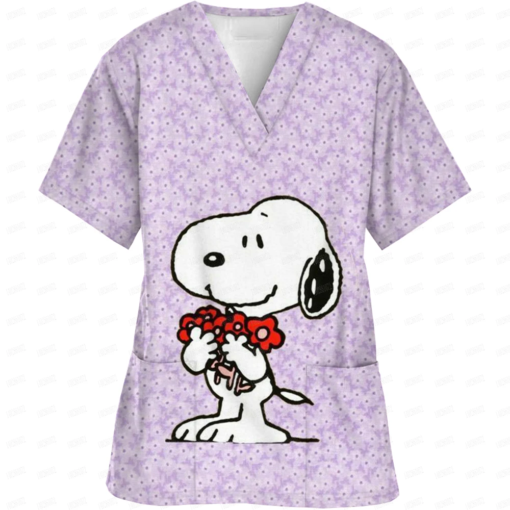 Surgical Wear Work Clothes Cartoon Snoopy print Hand Washing Nurse Uniform Women's V Neck Short Sleeve T-Shirt Tops 6