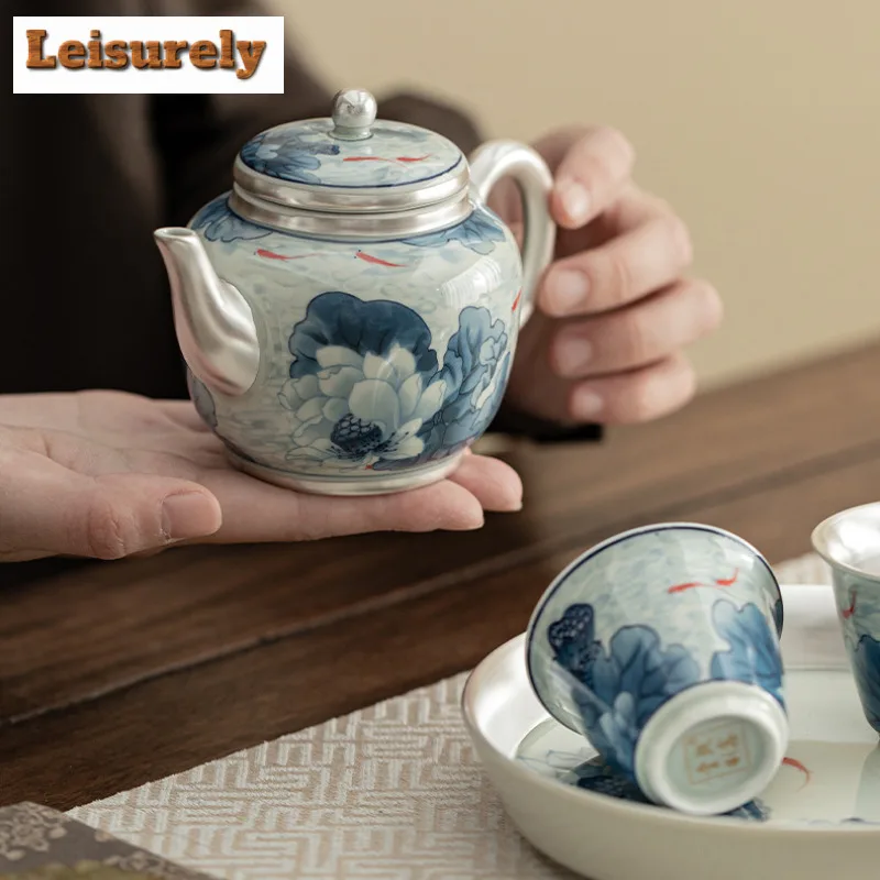 Gilded Silver Fish Playing Lotus Ceramic Tea Set Complete Set Ancient Tea Ceremony Set Teapot And Tea Cup Set Tea Items Gift Box