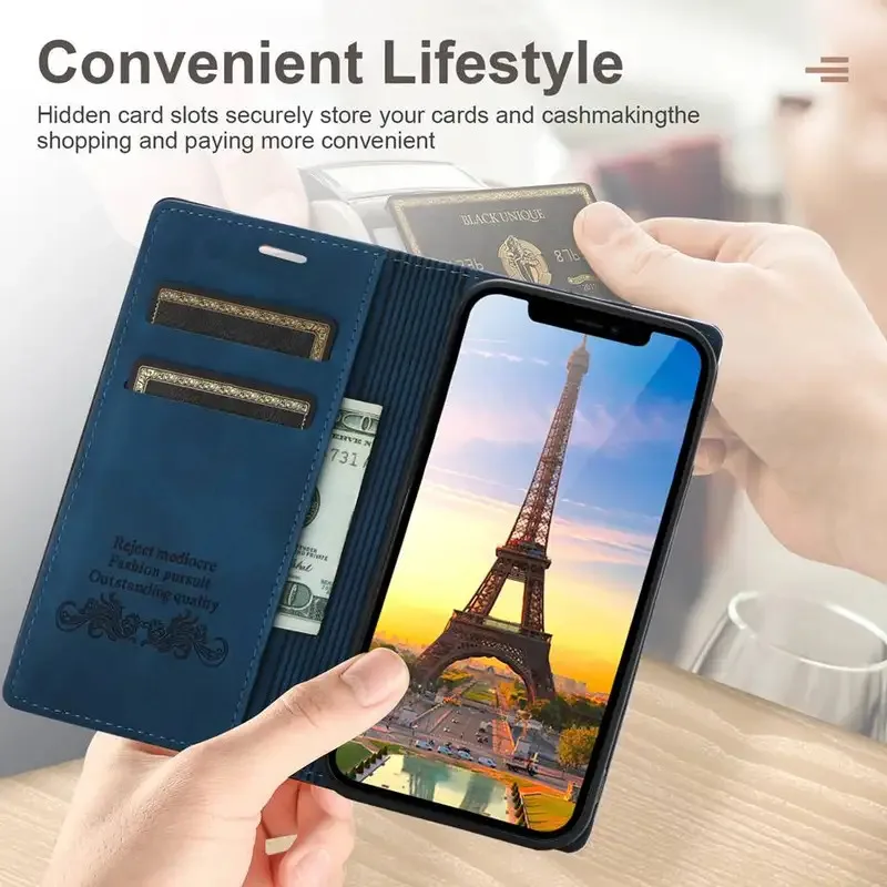 Luxury Leather Flip Wallet Phone Case with Card Holder and Magnetic Closure