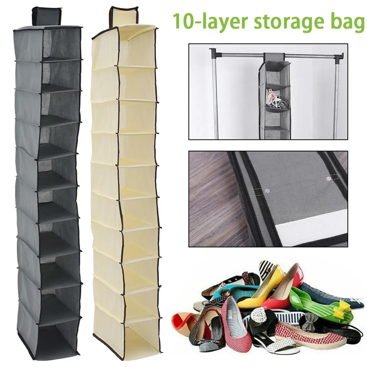 Hanging Closet Organizer, 10 Shelves Hanging Shoe Organizer for Closet  Breathable Poly Canvas for Shoes 87HA - AliExpress