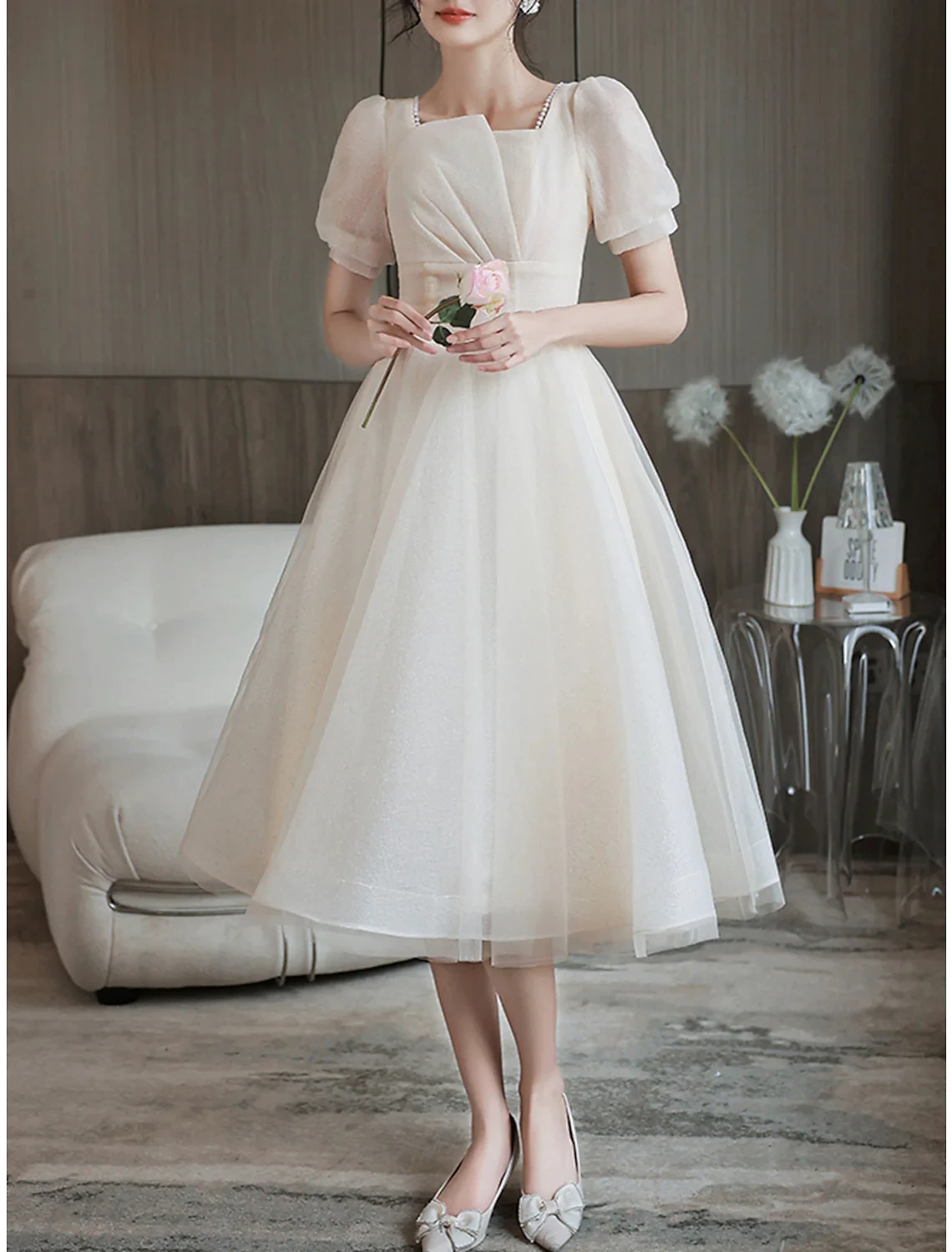 

2022 Elegant A-Line Homecoming Dresses for Women Knee Length Half Sleeve Lapel Collar with Ruched Pearls Formal Graduation Bowns