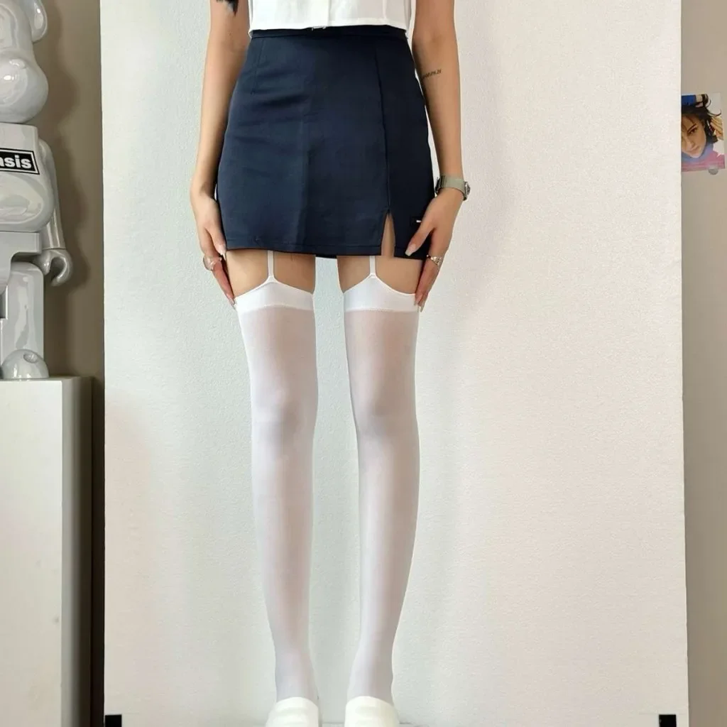 Damen-Strumpfhosen mit Hosenträgern, kniehoch, aus Samt, dünn, 2026, Damen-Strümpfe mit breitem Band, Lolita Y2K JK Cosplay Overknee-Socken – Detail 10