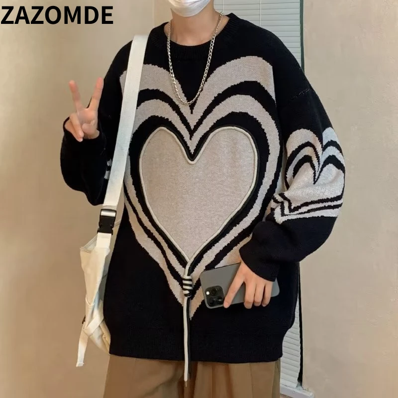 

ZAZOMDE 2022 Love Sweater Men Street Vintage Simple Crew Neck Sweaters Hip Hop Pullover Fashion Loose Casual Knitwear Clothes