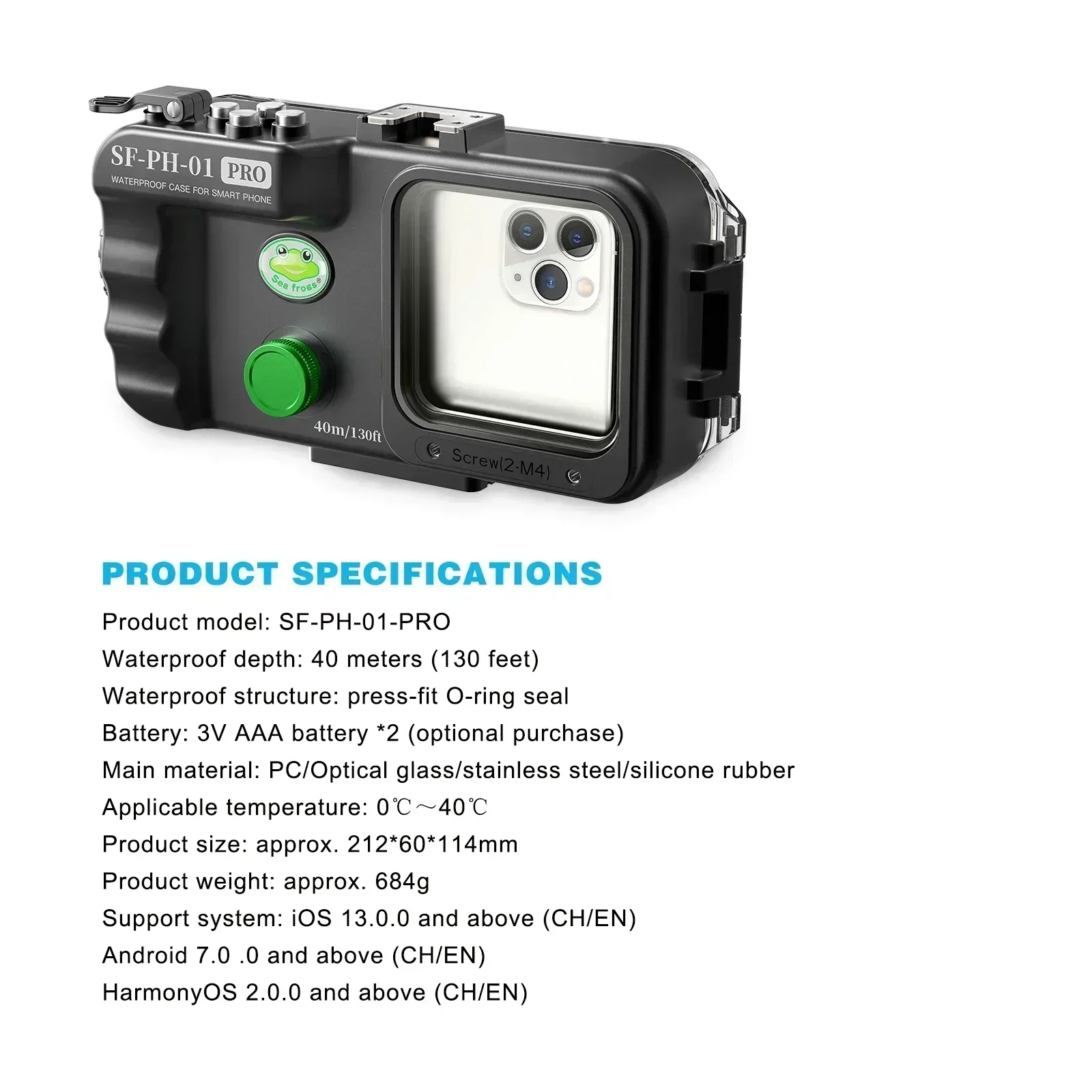 Seafrogs 40M Professional Diving Phone Case for HUAWEI Mate 60 50 P60 50 Pro Series Waterproof Cover for Xiaomi 14 13Ultra Redmi