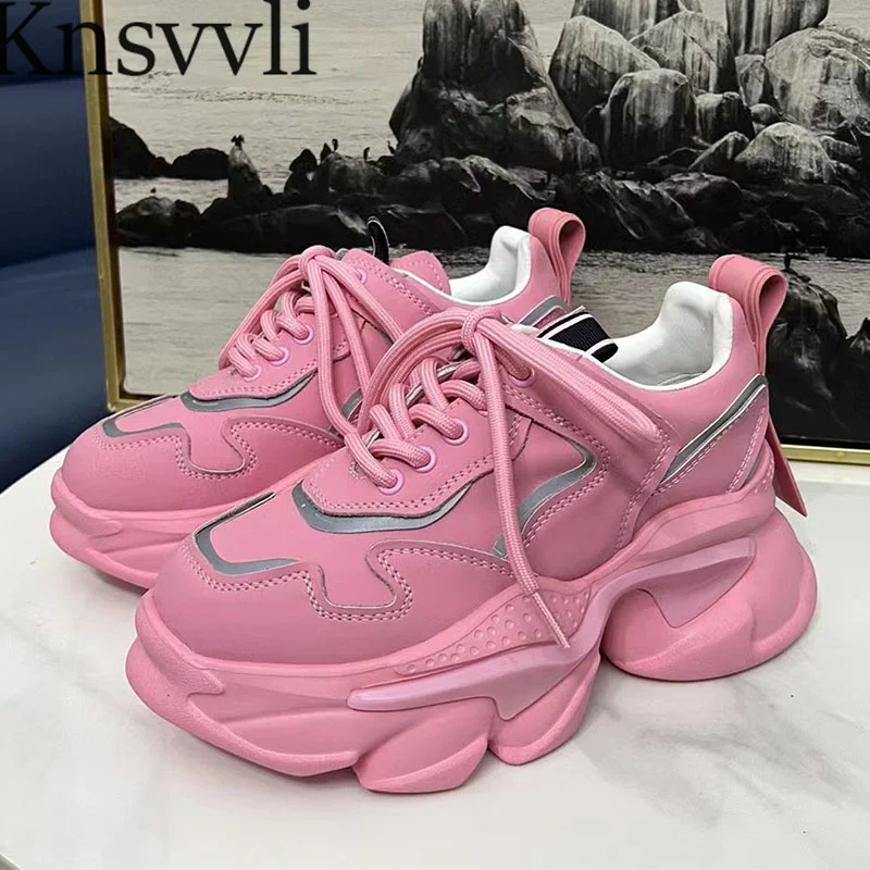

New Thick Sole Sneakers For Women High Top Lace Up Round Toe Height Increasing Casual Shoes Patchwork Platform Shoes Woman