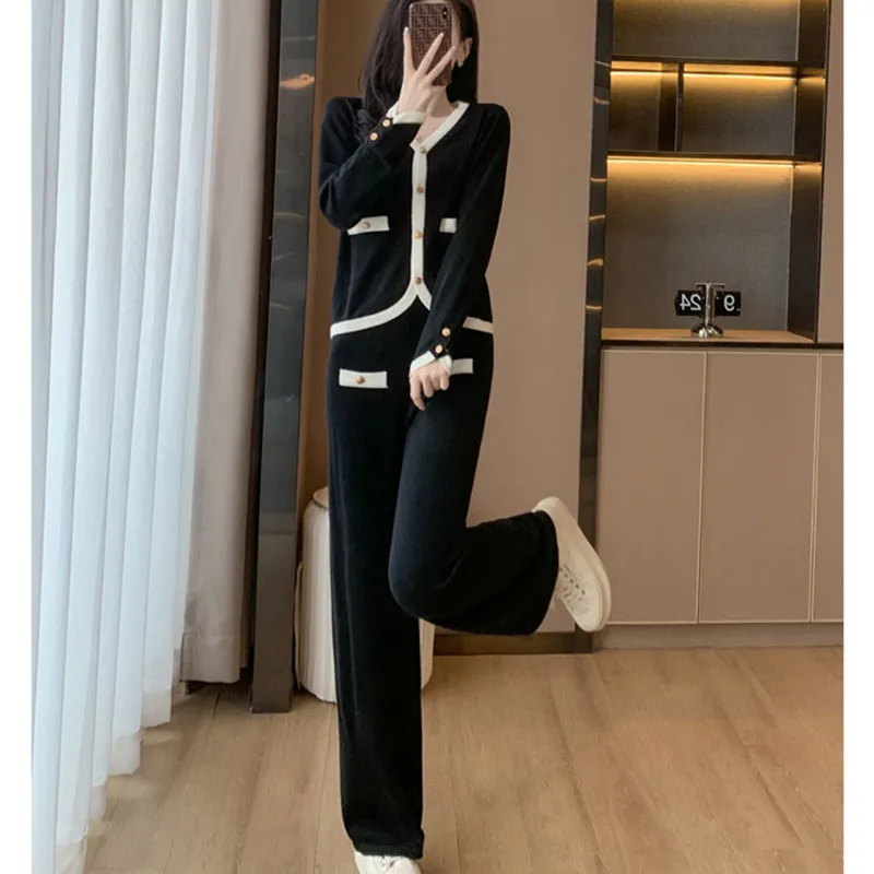 

Autumn Ladies Solid Knit Suit Women Outfit Fashion Sweater Cardigan Wide Leg Pants Casual Two Piece Set