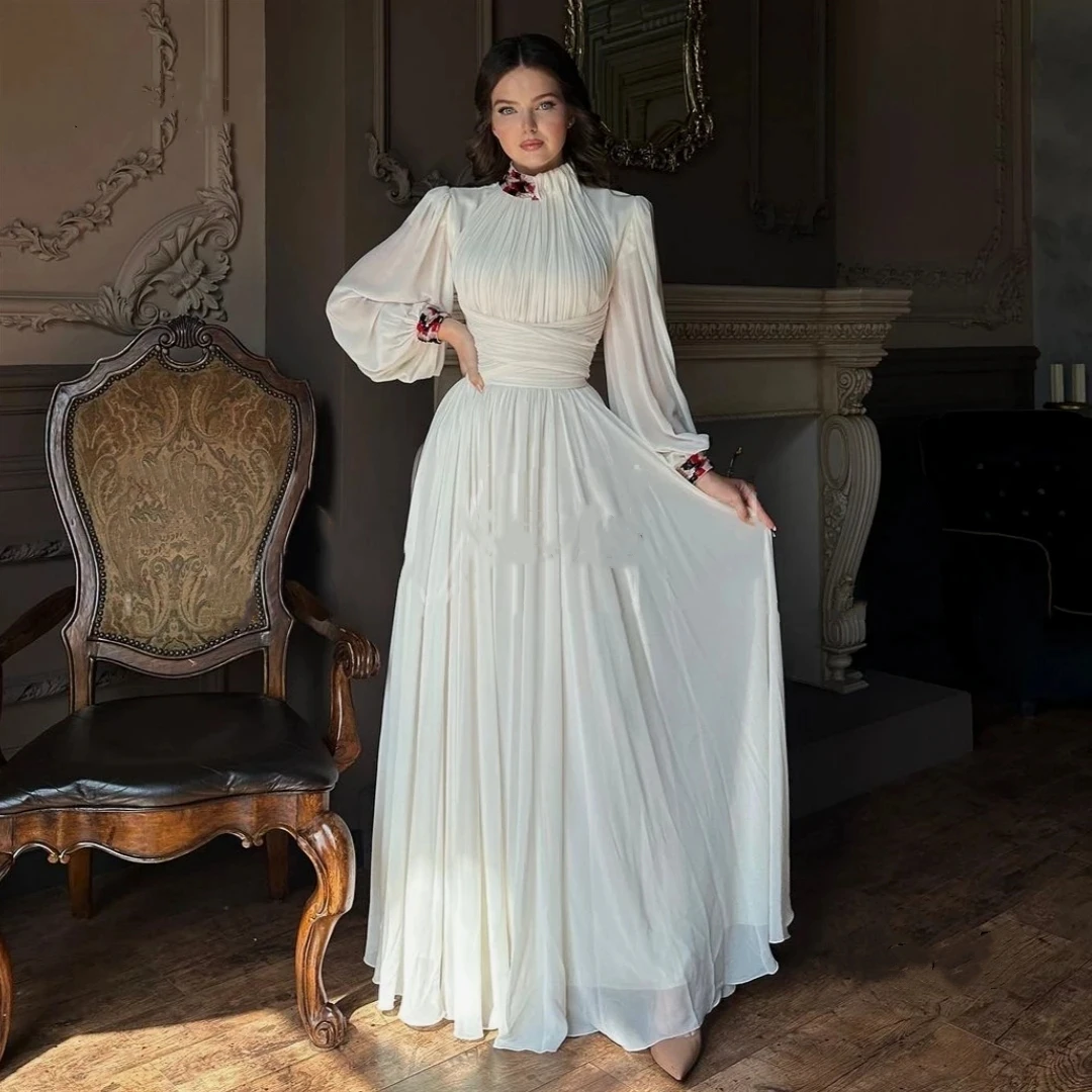 

Romantic White High Neck Evening Dresses Chiffon Beaded Long Sleeves Prom Dress A Line Wedding Reception Party Bride Gowns