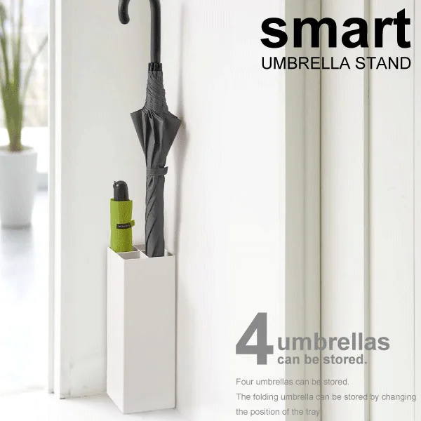 Smart Umbrella Stand Rack Metal Freestanding Umbrella Holders with Removable Drip Tray and 2 Hooks White Square for Entryway