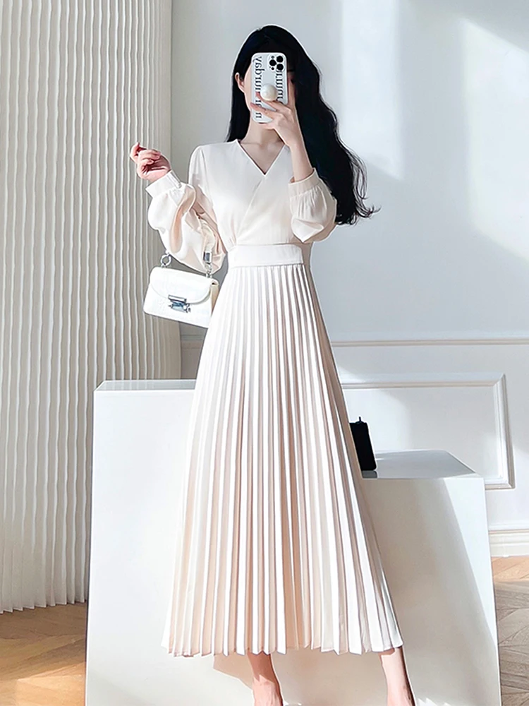 

Korean Fashion Pleated Dress Women Spring Autumn V Neck Long Dress Party Elegant Long Sleeve Dress Vestidos