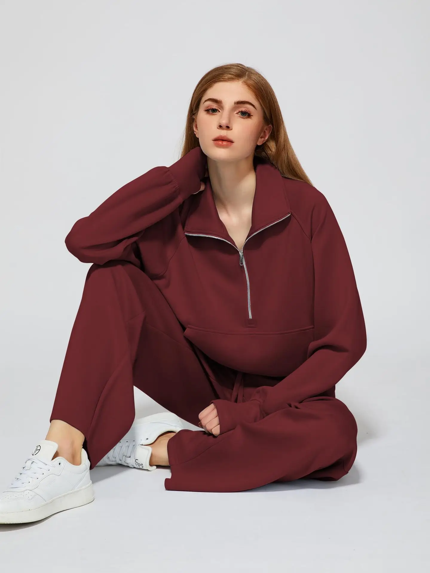 Woman Solid Color Half Zip Long Sleeve Sweatshirt and Wide Leg Pants Set Casual Sporty Two Piece Outfit 5