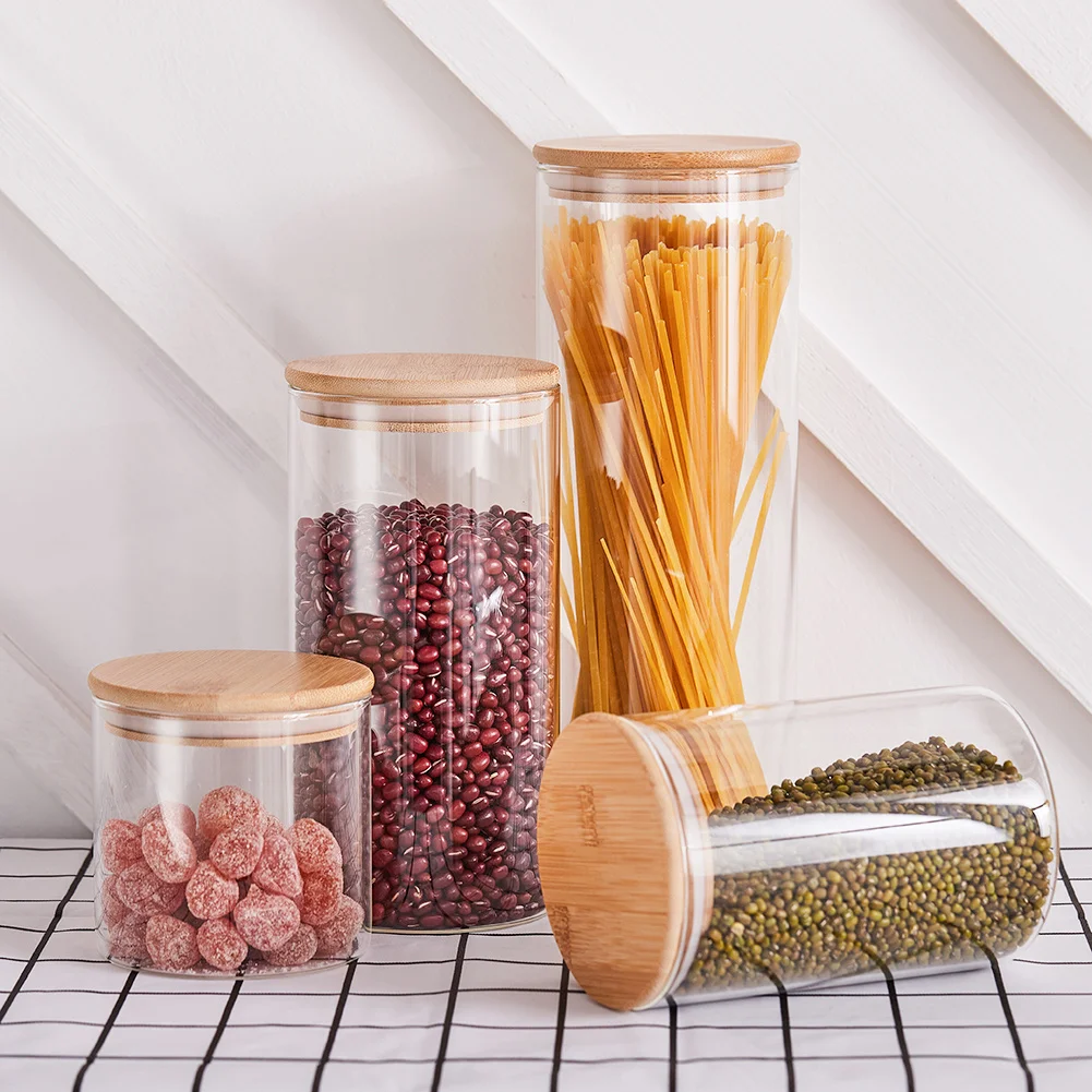 Glass Storage Jars - Set of 4 Airtight Glass Jars with Lids Clear Food Storage Container Jar- Food Kitchen Canisters Sets for Sp