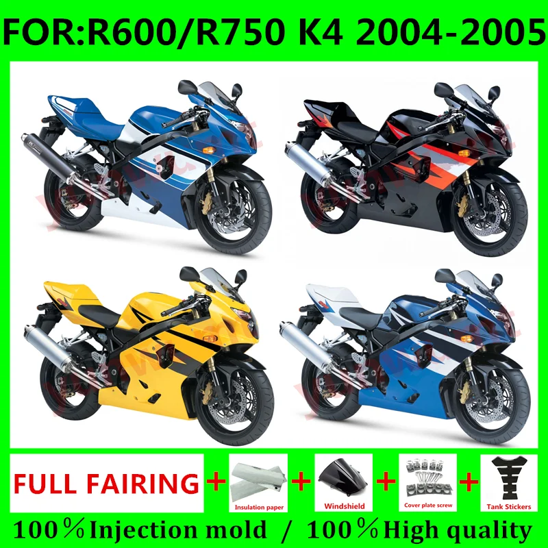 ABS 오토바이 전체 페어링 키트, R600 750 04 05 R 600 R750 K4 2004 2005 차체 전체 페어링 키트, 신제품