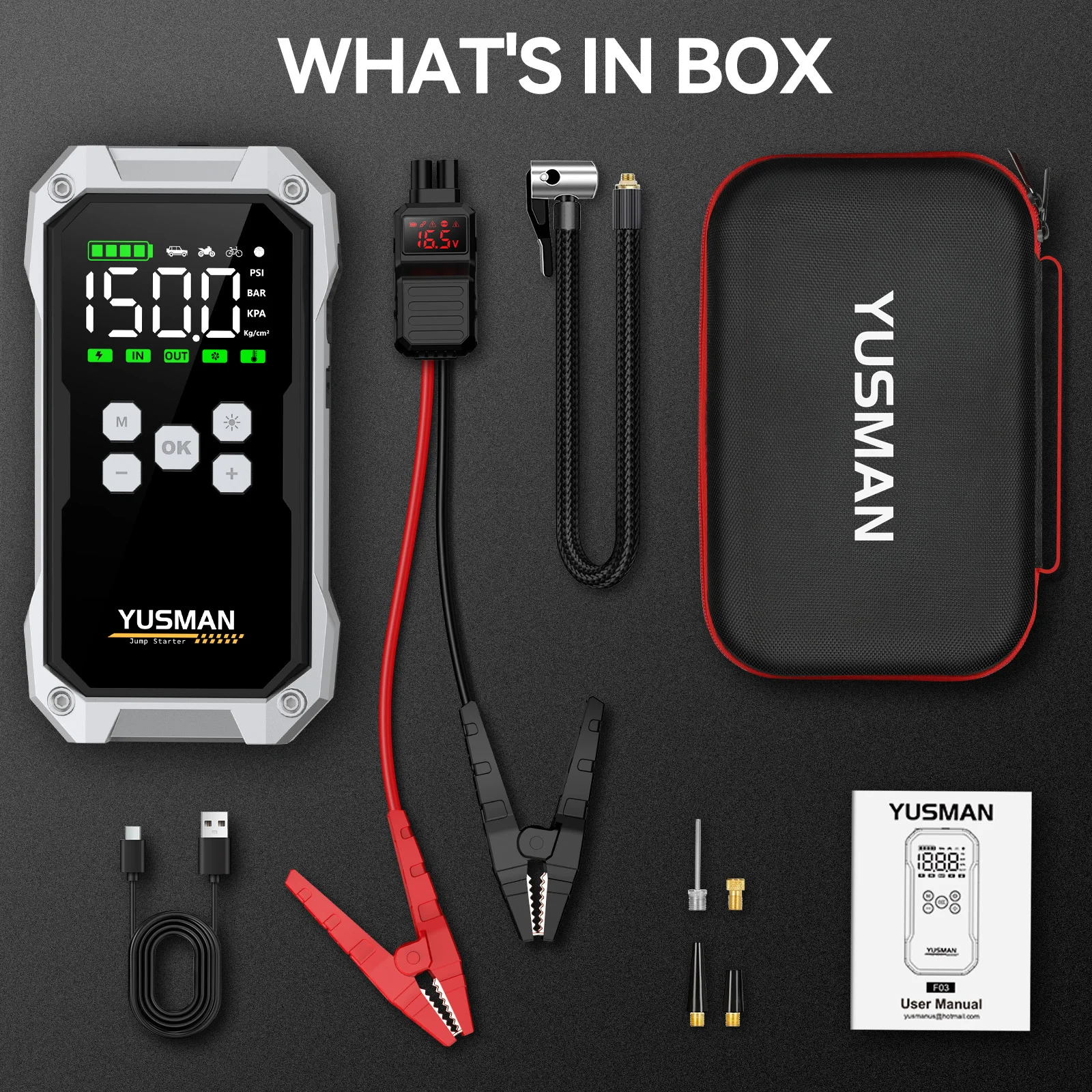 Avviatore di emergenza per auto YUSMAN 5000A, compressore d'aria 150PSI, torcia portatile, power bank per auto 12V - immagine 6