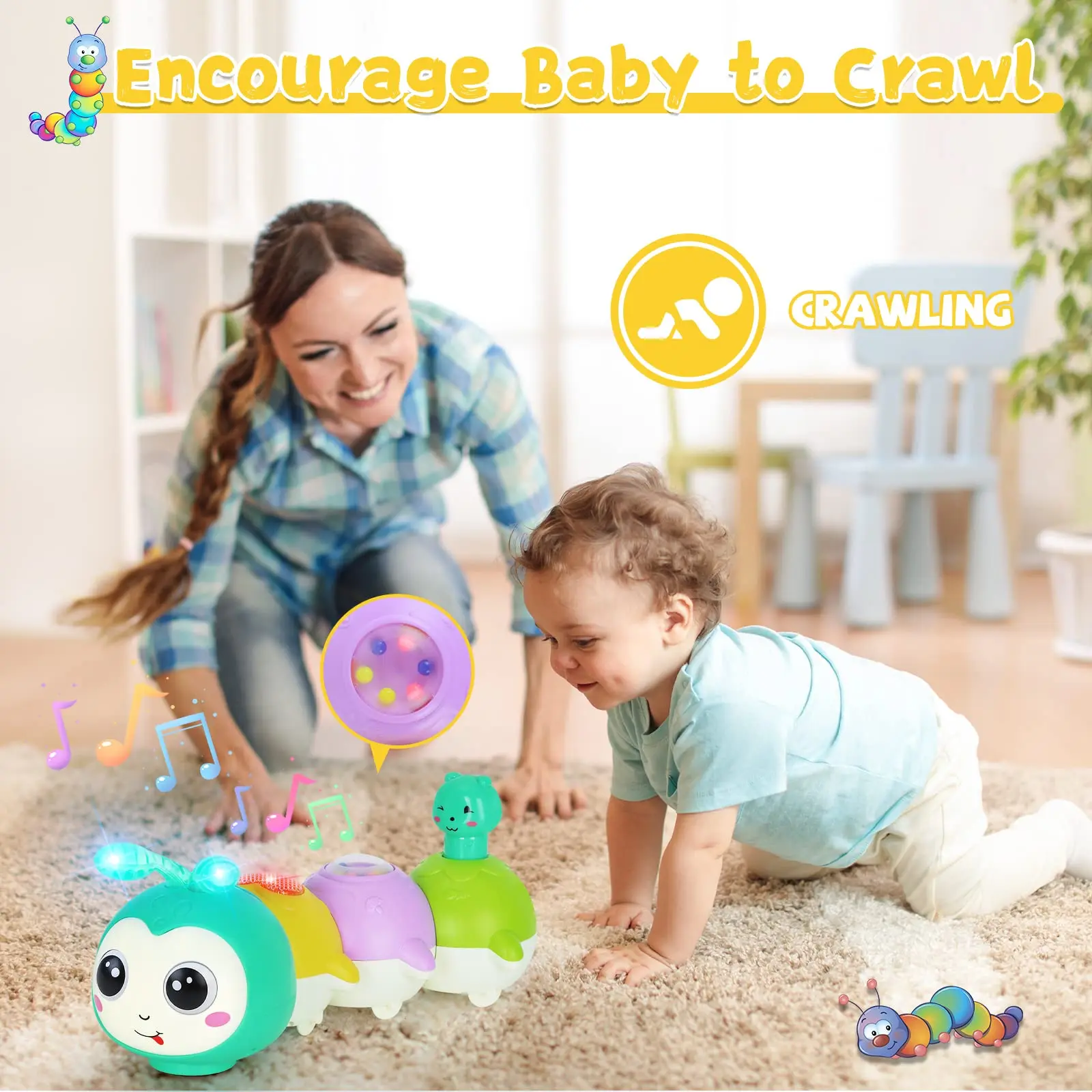 Baby Crawling Caterpillar Musical Interactive Toy Infant Tummy Time Sensory Early Education Toy with Magnetic Music Light up 4