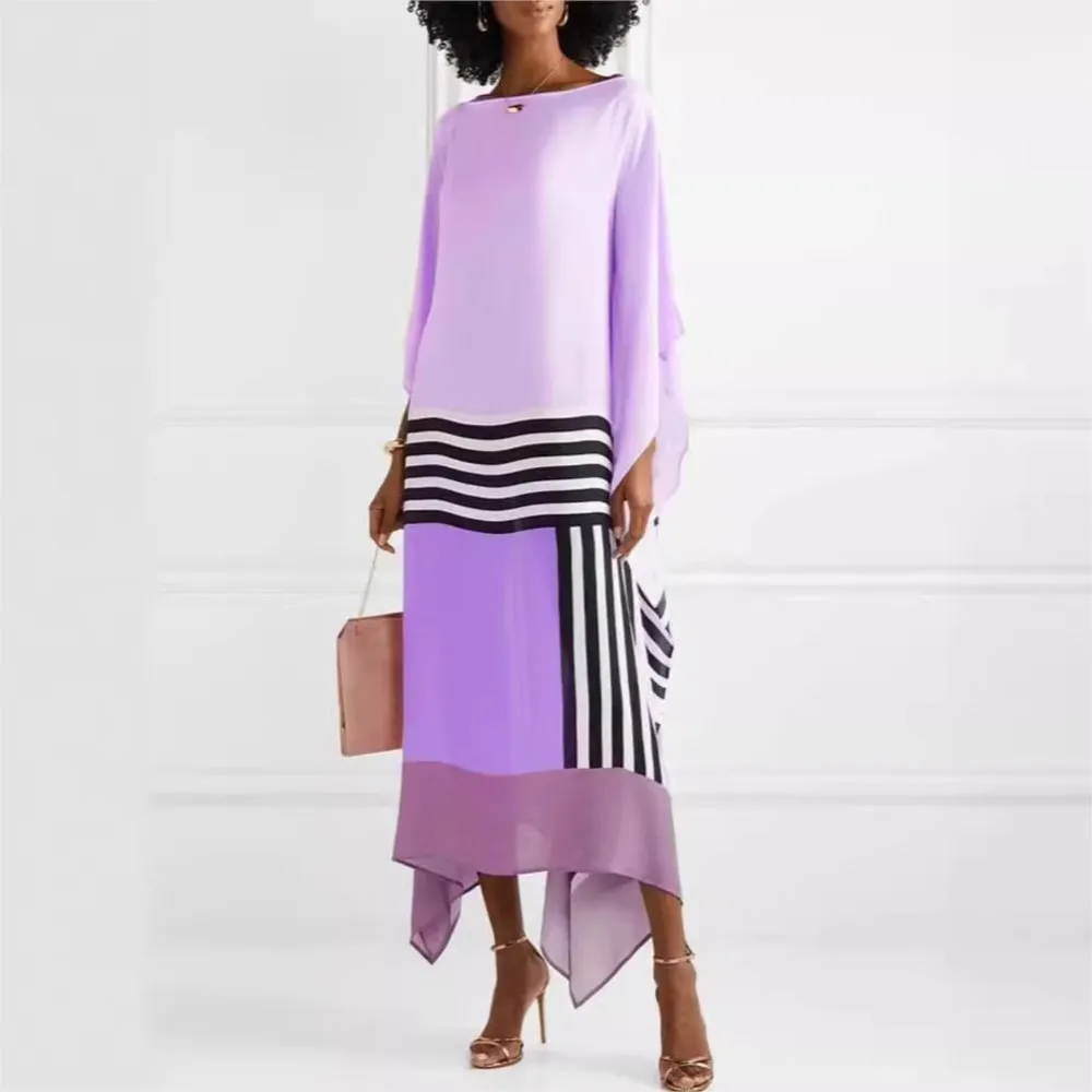 Fashion Printed Stripe Splicing Long Sleeve Dresses Women Autumn Summer Casual Loose Diagonal Shoulder Long Elegant Female Dress 3