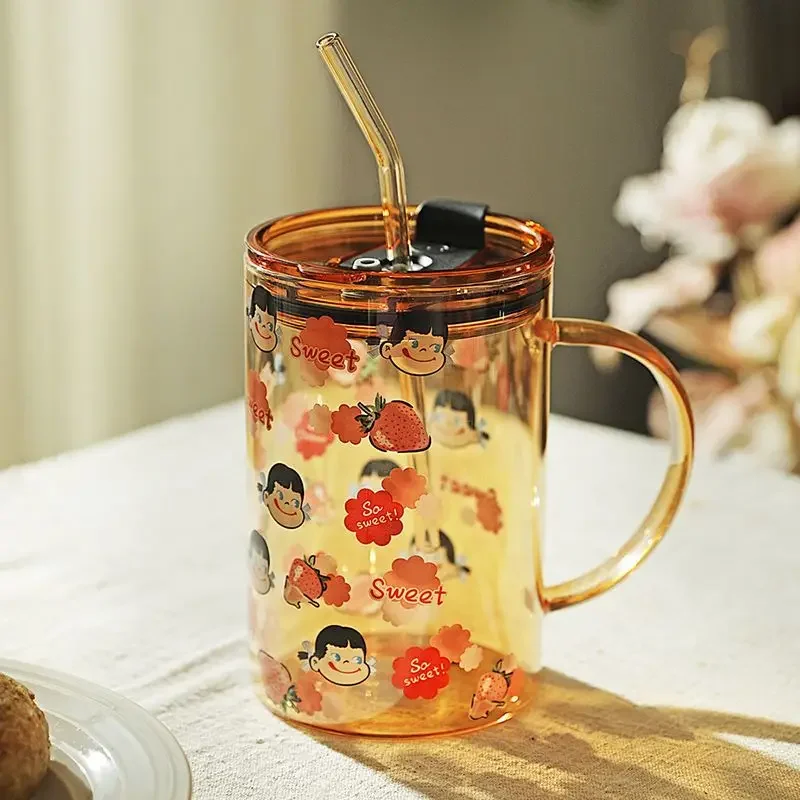 900ml Kawaii Strawberry Glass Water Bottle Large Capacity Cup Mug Tumbler Portable with Lid Straw Drinkware Milk Tea Glass Cup
