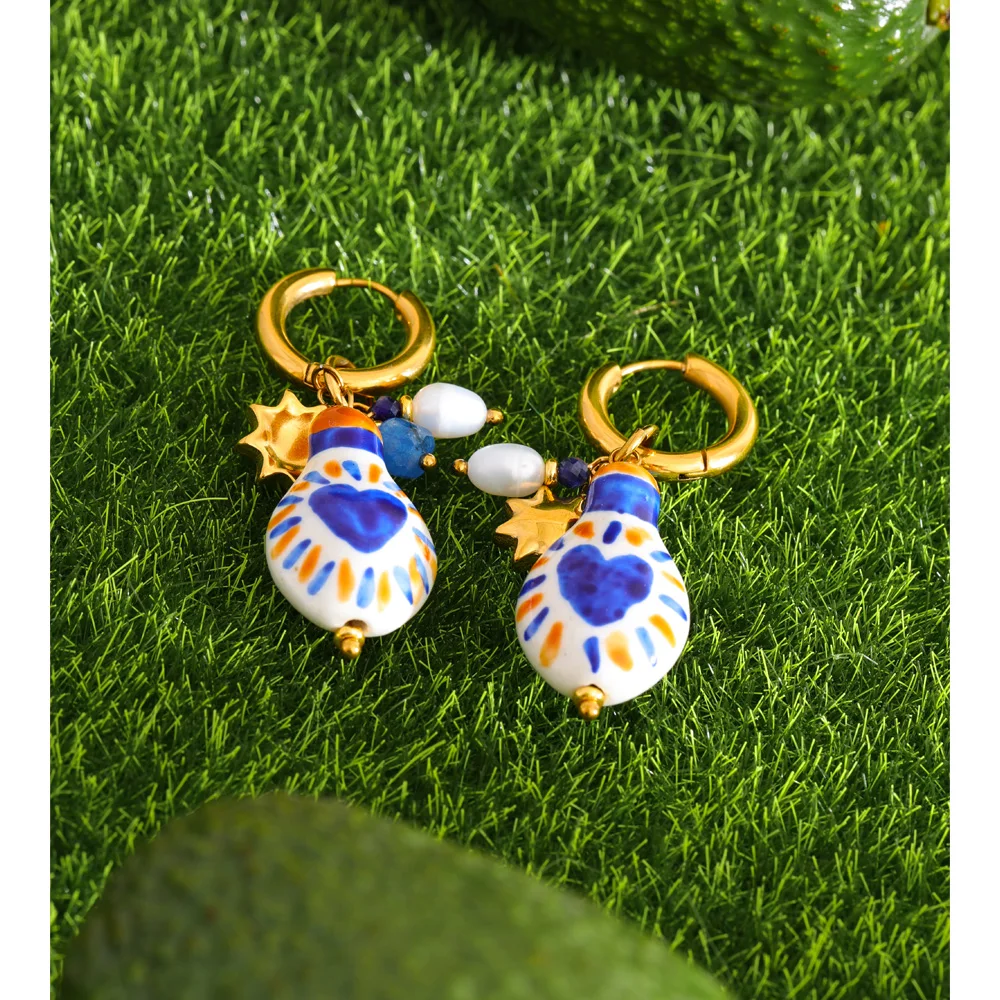 Yhpup France Earrings Ceramic Heart Star Drop Hoop