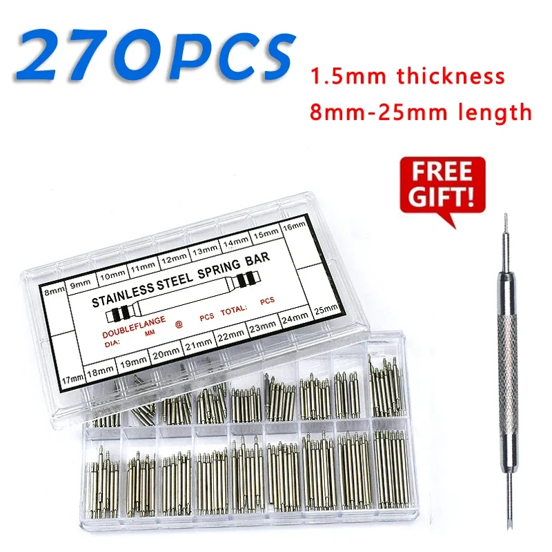 Deluxe Stainless Steel Spring Bar Assortment Kit for Watchband Repair (270 Pieces)