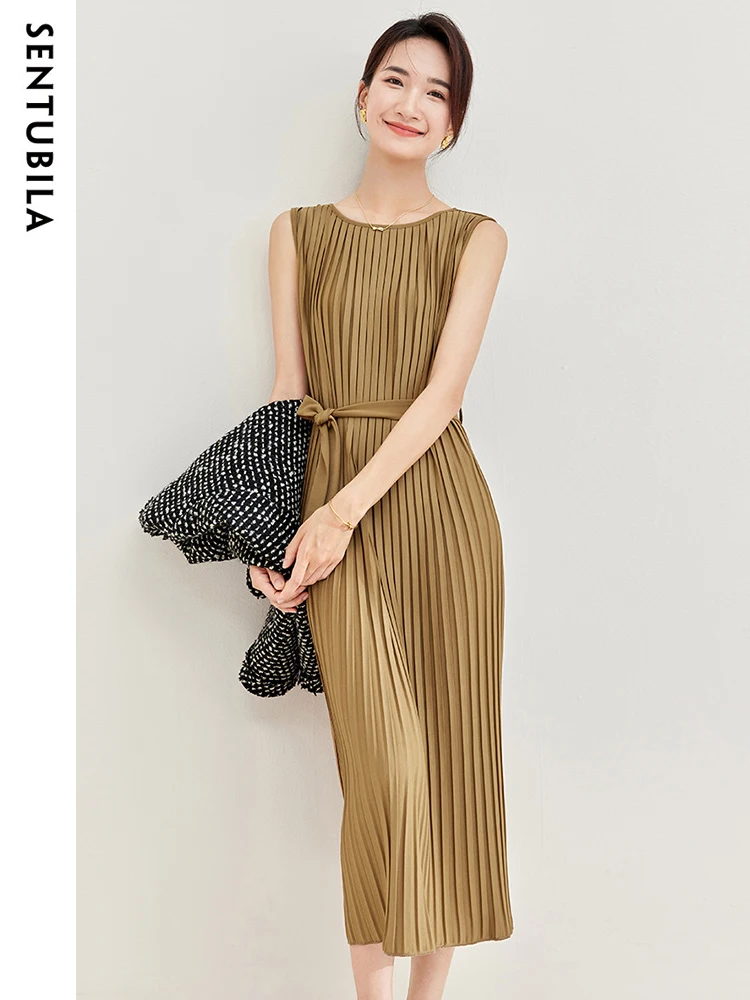 

SENTUBILA Elegant Sleeveless Pleated Dress Women 2024 Spring New Midi Crew Neck Tank Lace-Up Female Dresses Clothing 133L50657