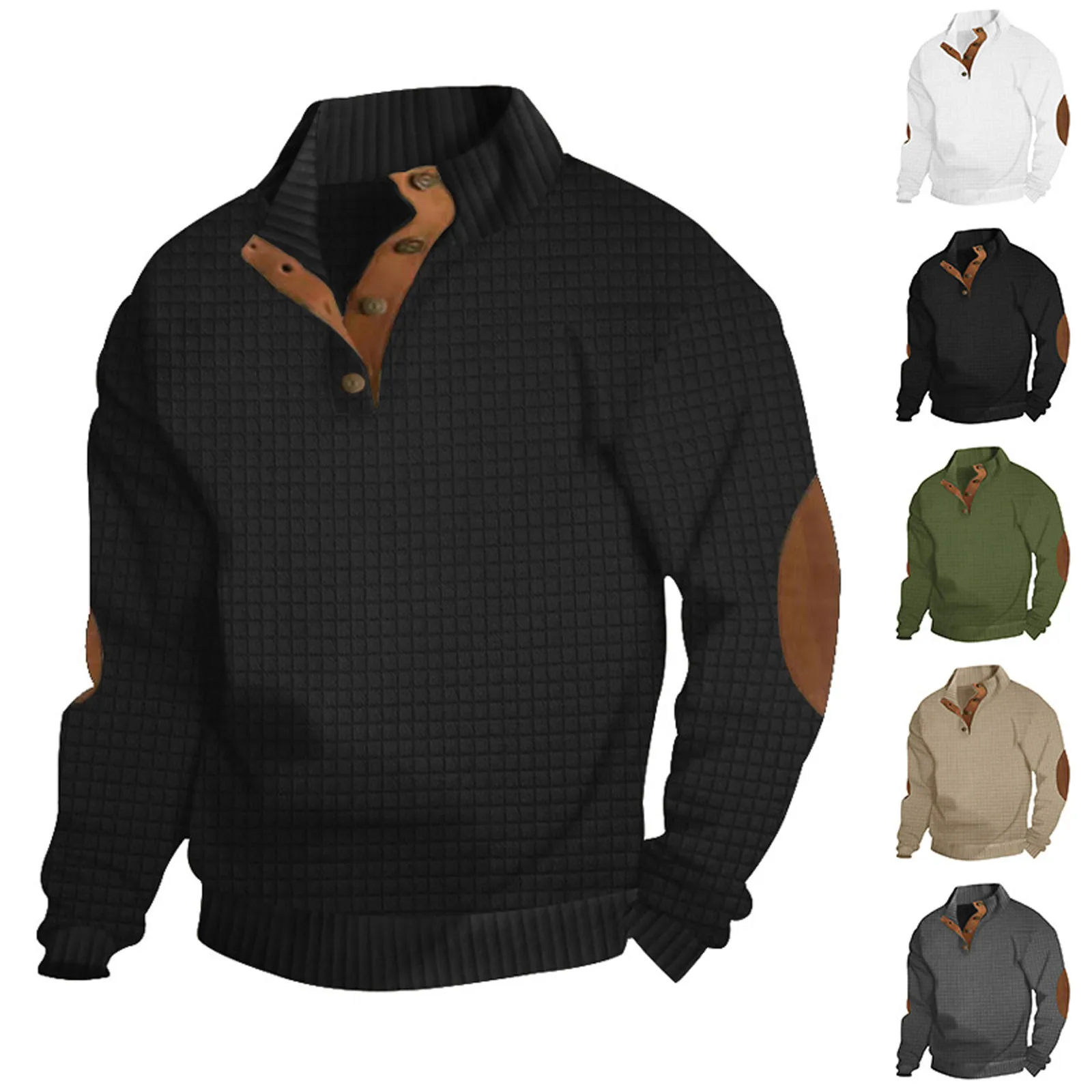 

New Men Contrast Patchwork Henley Sweatshirt Chic Small Square Print Loose Pullover Spring Male Button Stand Collar Hoodies Tops