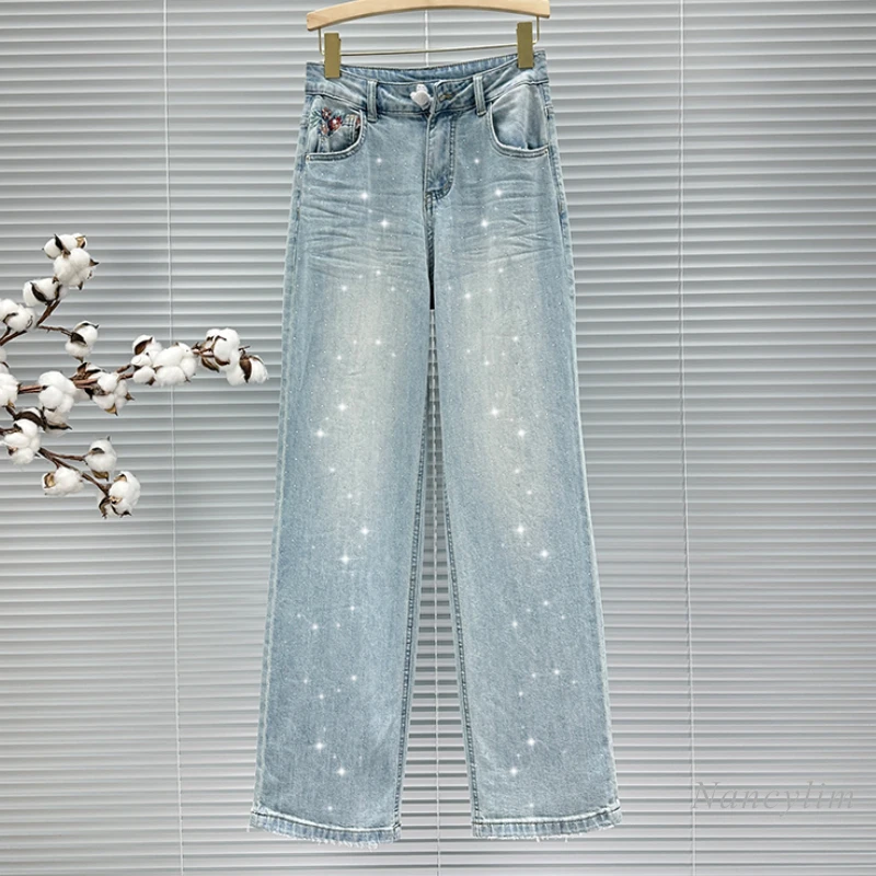 

European Style Mopping Jeans for Women 2024 New Spring Summer High Waist Loose All-Match Embroidered Rhinestone Wide Leg Pants