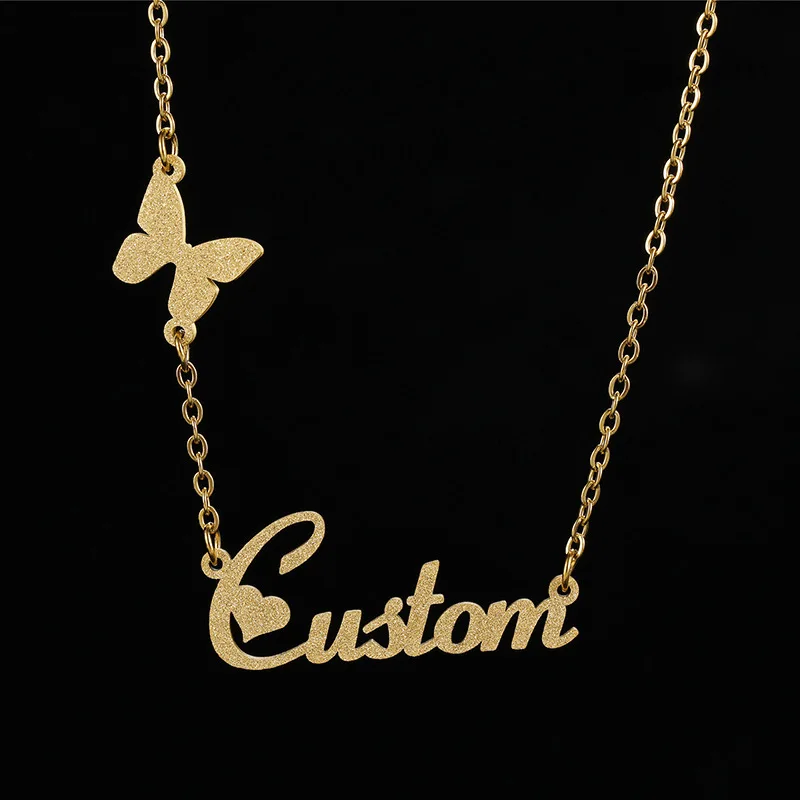 

Матовое ожерелье с именем на заказ с сердцем и бабочкой из нержавеющей стали ожерелье, персонализированные украшения для женщин