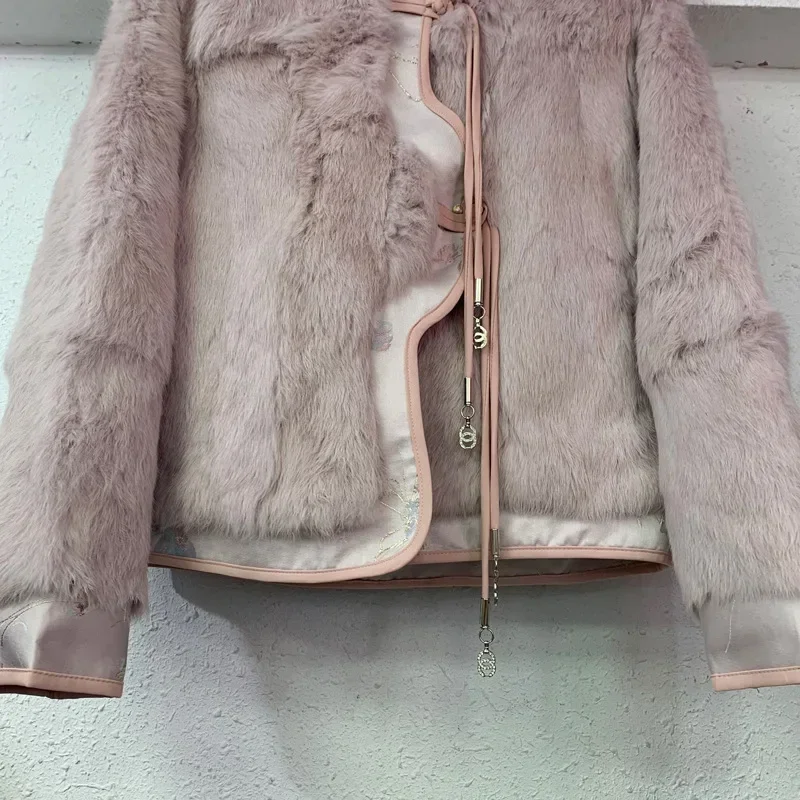 New Chinese Women National Style Pan Button Pink Short Coat Imitation Rabbit Hair Loose Long Sleeve Coat