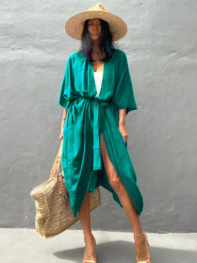 Beach Cover Up Kimono Women Summer 2022 New Pareo Swimsuit Cape Solid Bohemian Tunic Dresses Bathing Suits Dropshipping 4