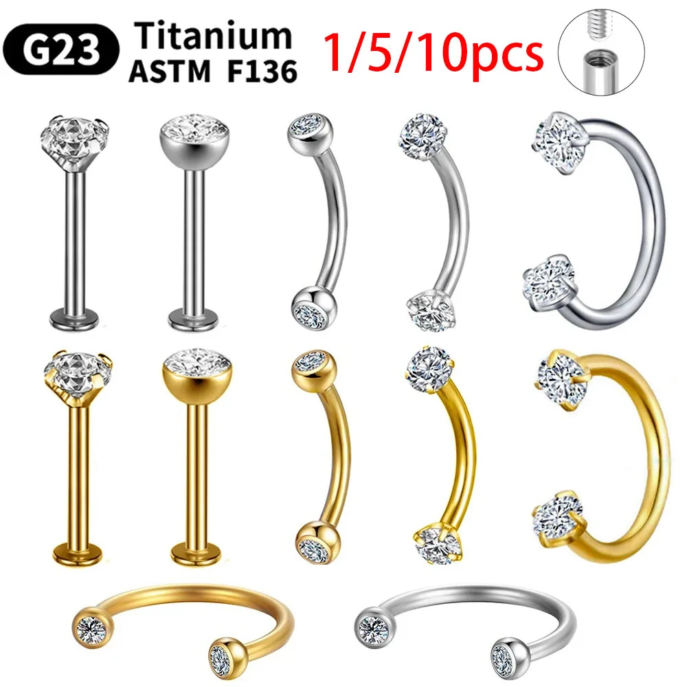 Piercing Jewelry 1/5/10pcs G23 Titanium Labret Stud Lip Nose piercing kit Eyebrow C rod Body ASTM-F136 Cartilage Earring