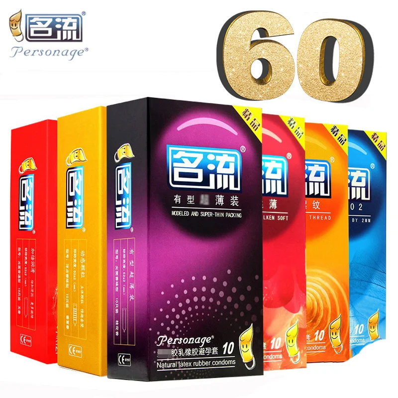 PERSONAGE 60PCS Condoms For Men 6 Kinds Ultra Thin Particle Thread Natural Latex Spike Condom Adult Sex Product Small Condom