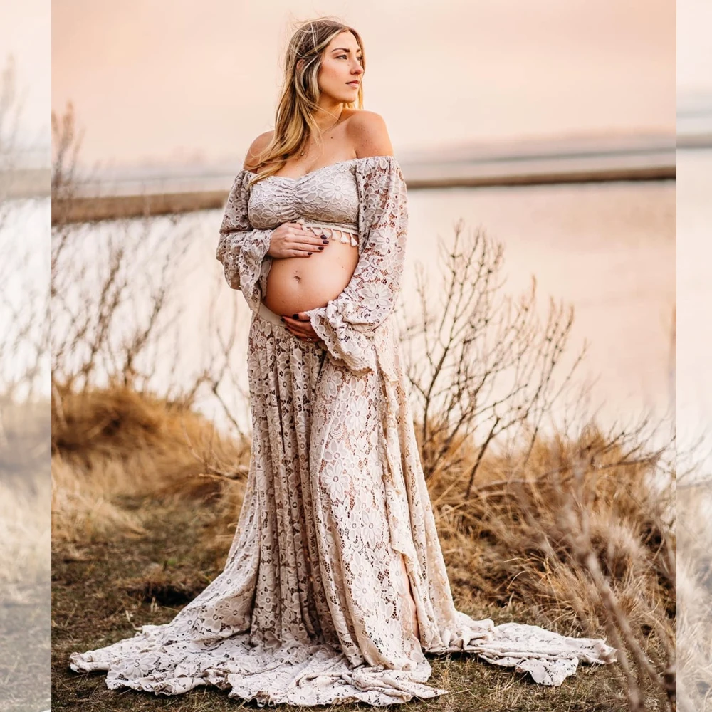 Boho Style Lace Maternity Dress Bohemian Photo Shooting Pregnancy Dress Baby Shower Ruffled Split Cut Lace Dress 6 S64cc188e1f9346c6b76460e7703c810bf