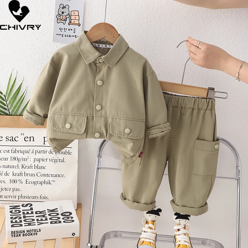 

New 2023 Kids Baby Spring Autumn Fashion Solid Lapel Long Sleeve Pocket Jacket Tops with Pants Boys Casual Clothing Sets