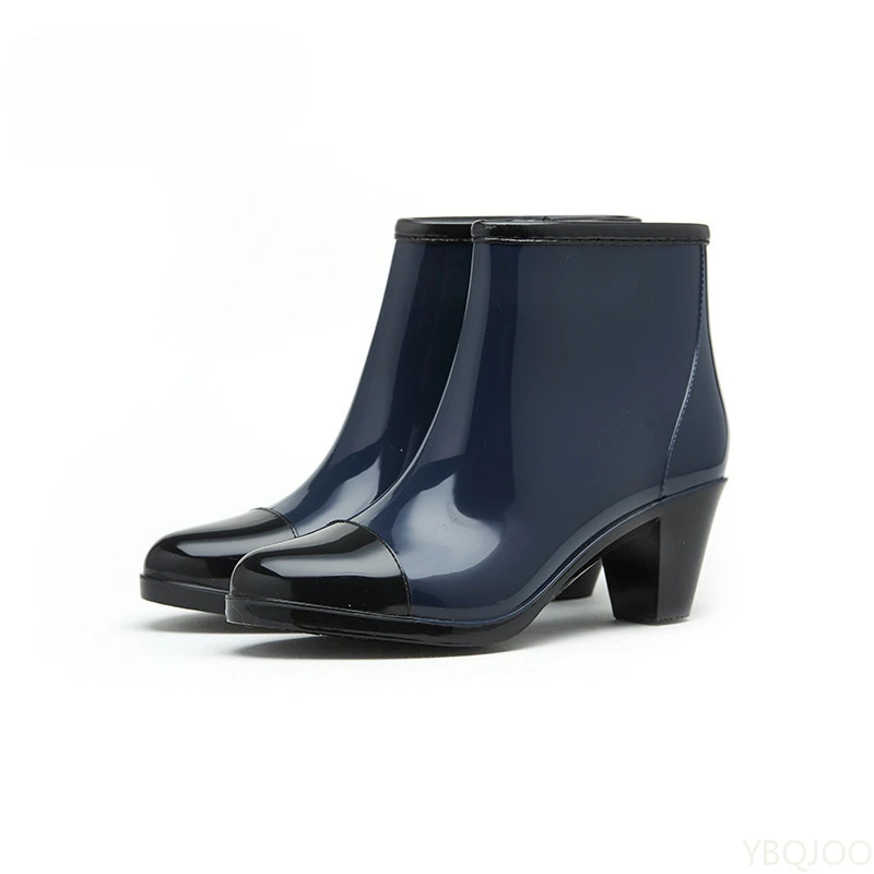 Ladies Chunky Heels Rubber Shoes Luxury Designer Rain Boots Women Waterproof Pvc Ankle Garden Work Boot Rainshoes Footwear