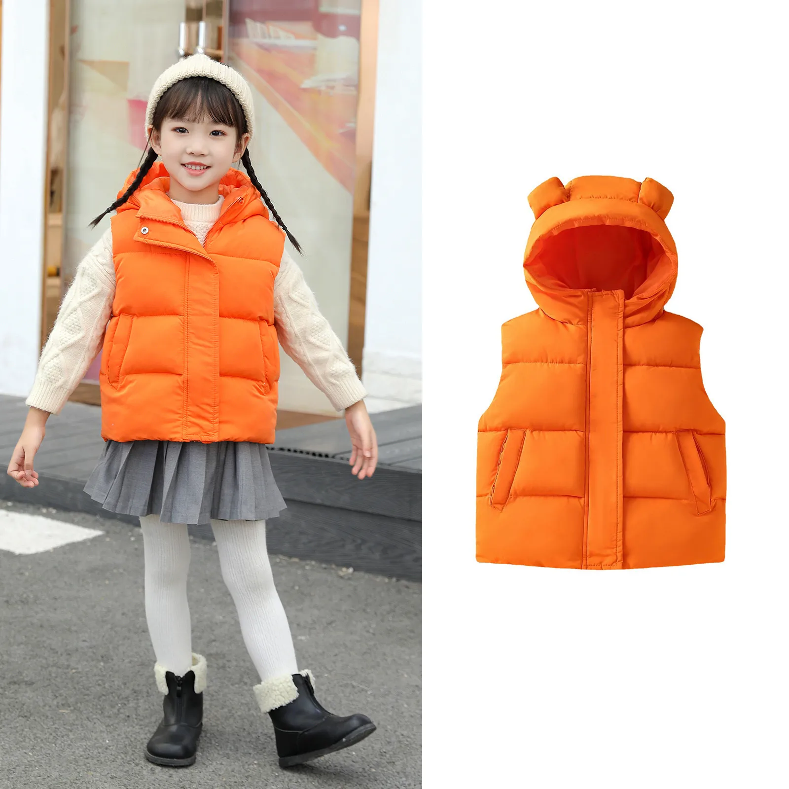 Girls Lightweight Jacket Toddler Boys Girls Sleeveless Winter Warm Outwear Vest Jacket Coat Bear Ears Solid Kids Snow