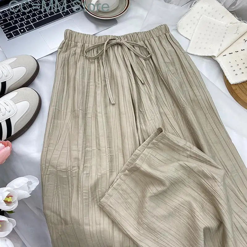New High Waisted Pants for Women Solid Korean Fashion Drawstring Wide Leg Pants Ladies Casual Full Length Pants