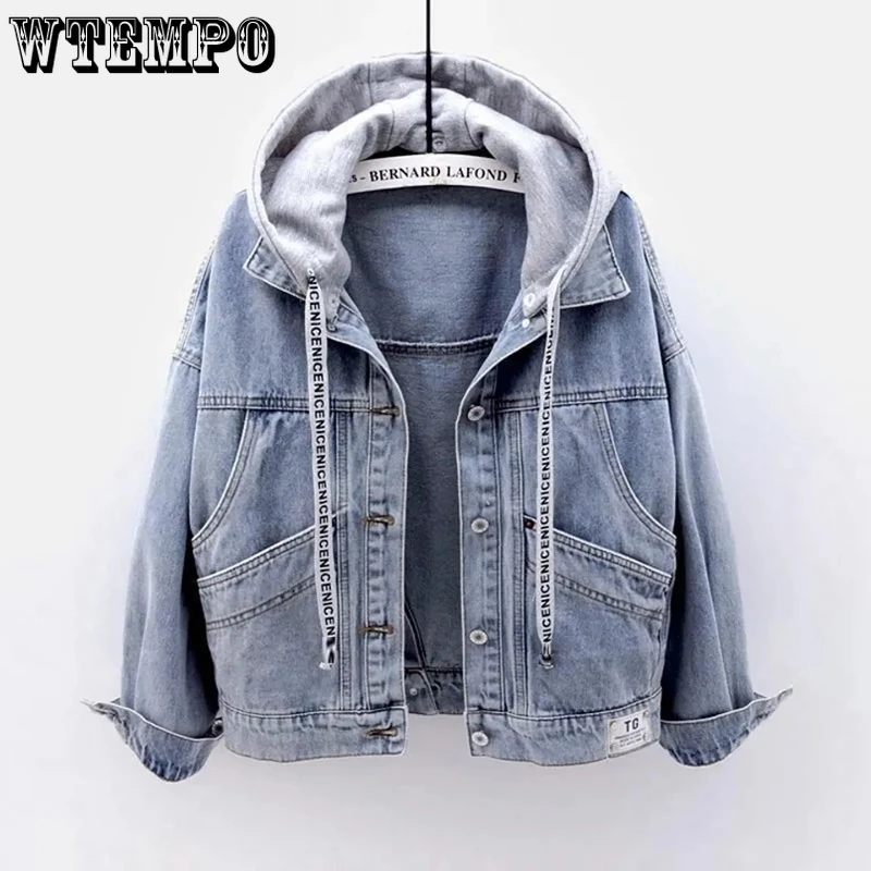 

WTEMPO Multi Pockets Versatile Denim Coat Women Korean Style Retro Loose Short Jacket Casual Long Sleeve Hoodied Coat Wholesale