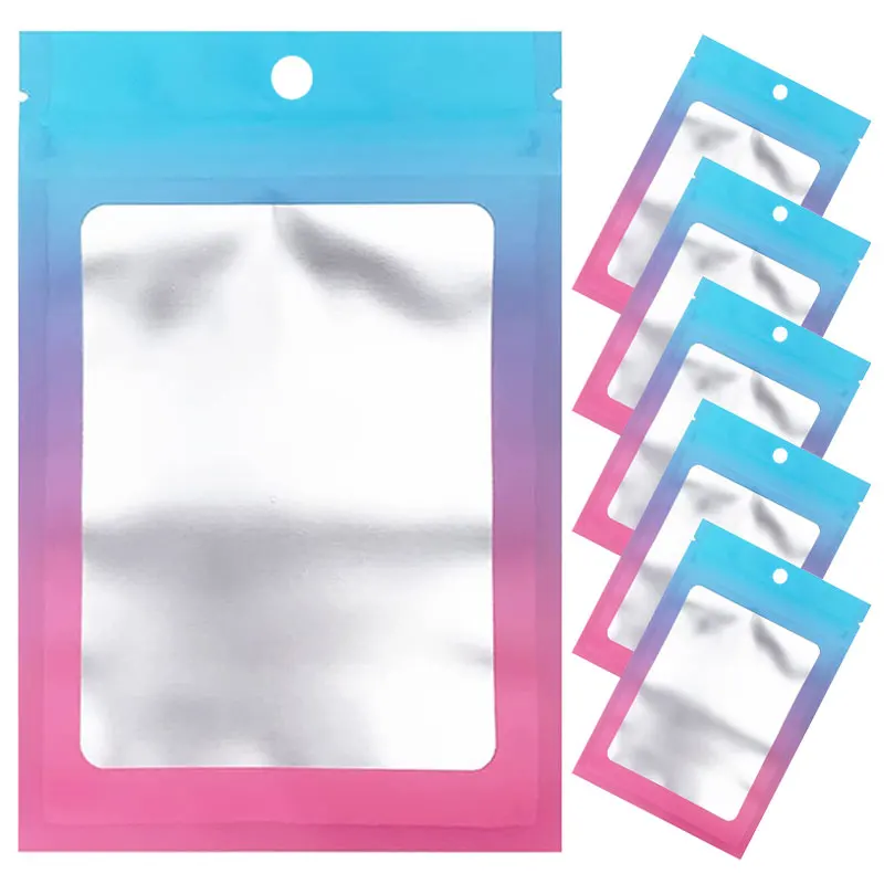 50-100Pcs Resealable Mylar Ziplock Bags Blue Gradient Pink Pouch with Clear Window for DIY Jewelry Display Gifts Packaging Bags 50pcs clear holographic laser self adhesive bag resealable plaid pouch for jewelry packaging cosmetic sample bags badge gift bag