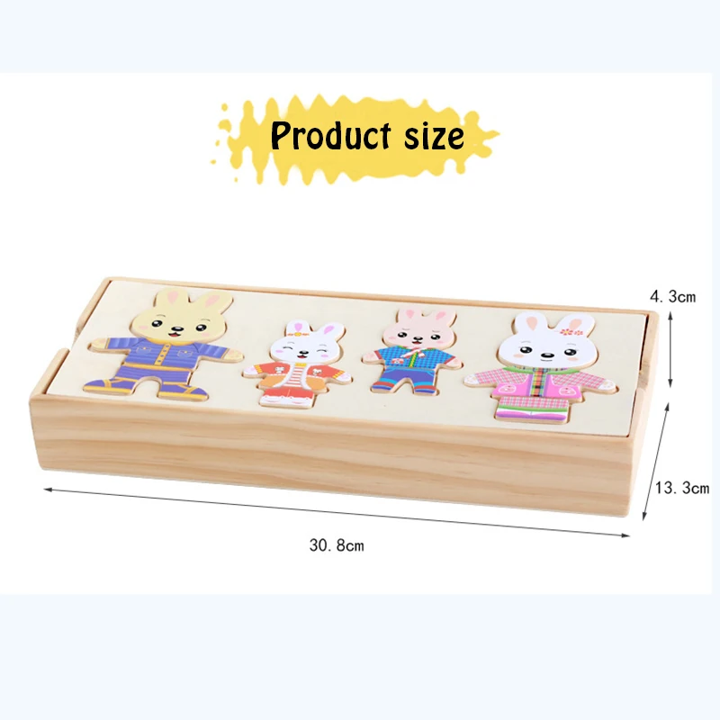 Wooden Jigsaw Puzzle Bear Rabbit Dress Changing Matching Puzzles Kids Wood Toy Baby Educational Learning Toys for Children