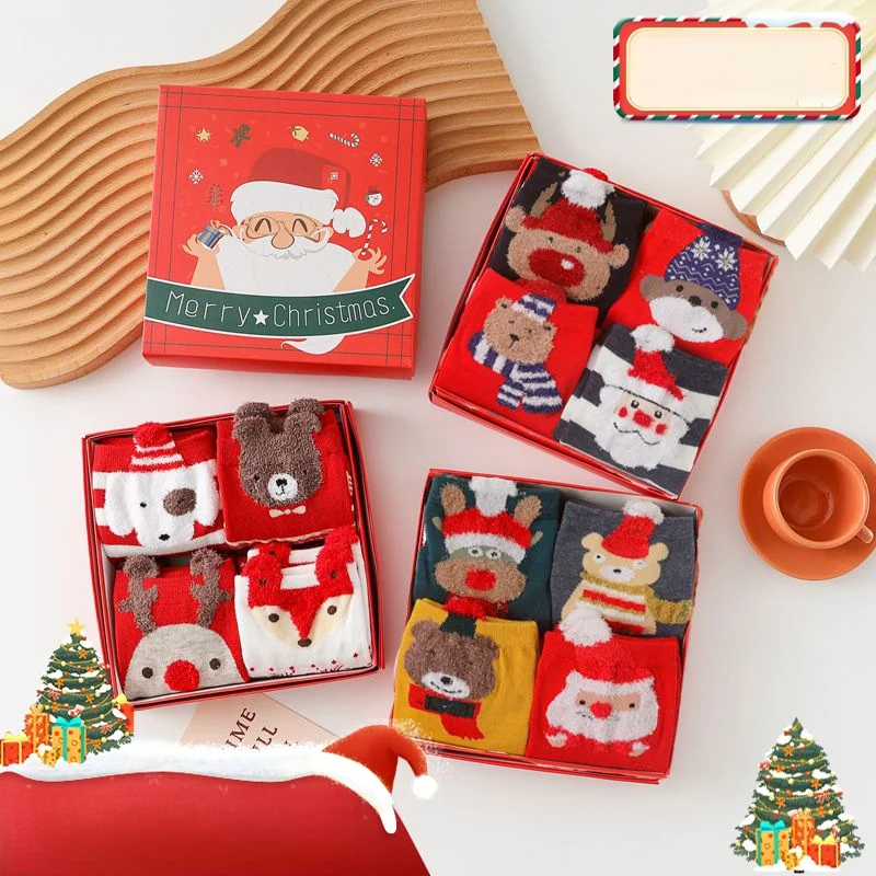 

4Pairs Cute Cartoon Christmas Socks for Women's Kids Winter Warm Santa Claus Elk Bear Cotton Mid Tube Stocking Xmas Gift Box