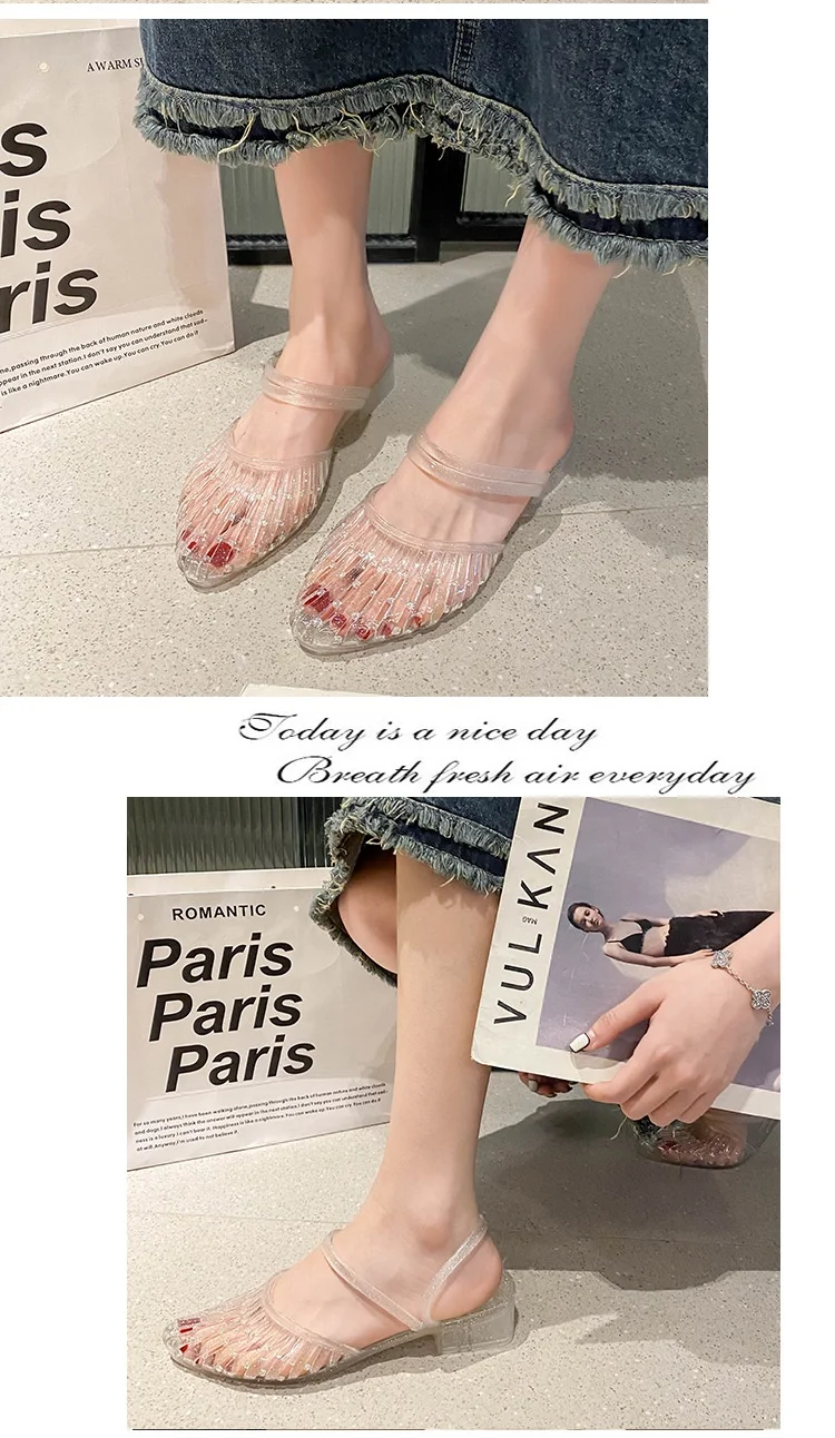 Women'S 2 In 1 Transparent Crystal Plastic Jelly Sandals Non Slip Glitter Pointed Toe Summer Casual Outdoor Beach Flat Slippers