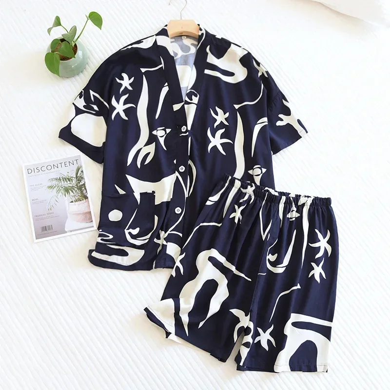 New Summer Ladies 100% Viscose Pajamas Short Sleeve Shorts Two Piece Floral V-Neck Thin Loose Women's Homewear Set sleepwear