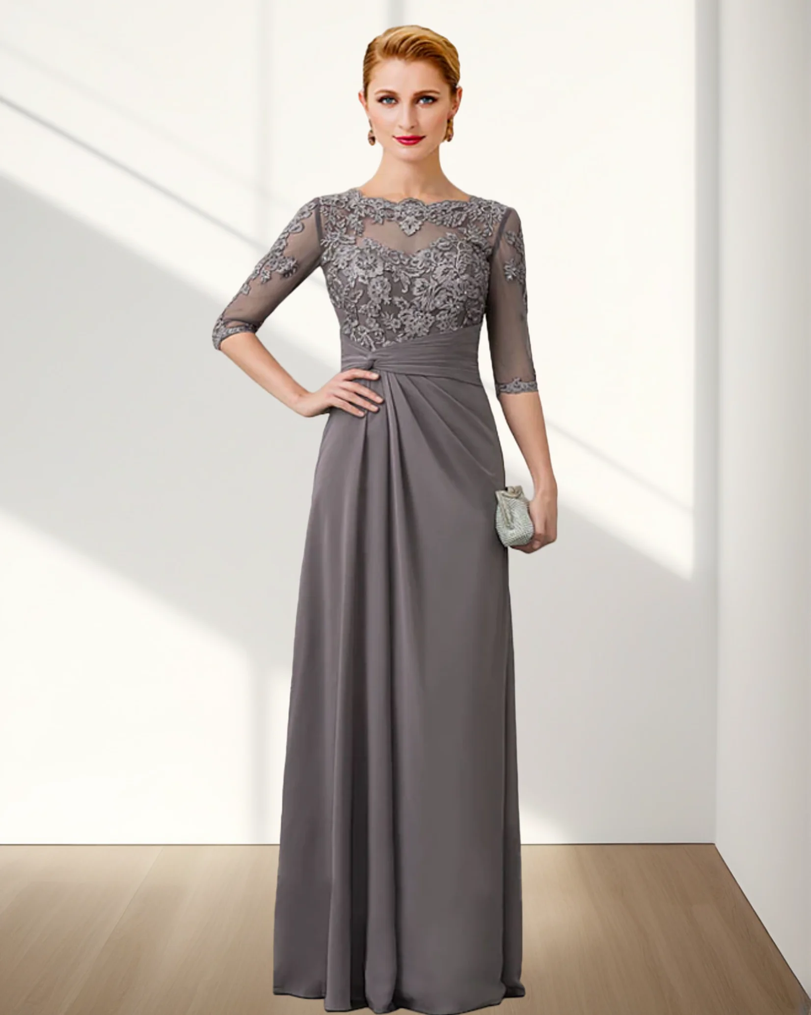 

Sheath / Column Mother of the Bride Dress Elegant Jewel Neck Floor Length Chiffon Lace 3/4 Length Sleeve with Appliques 2024