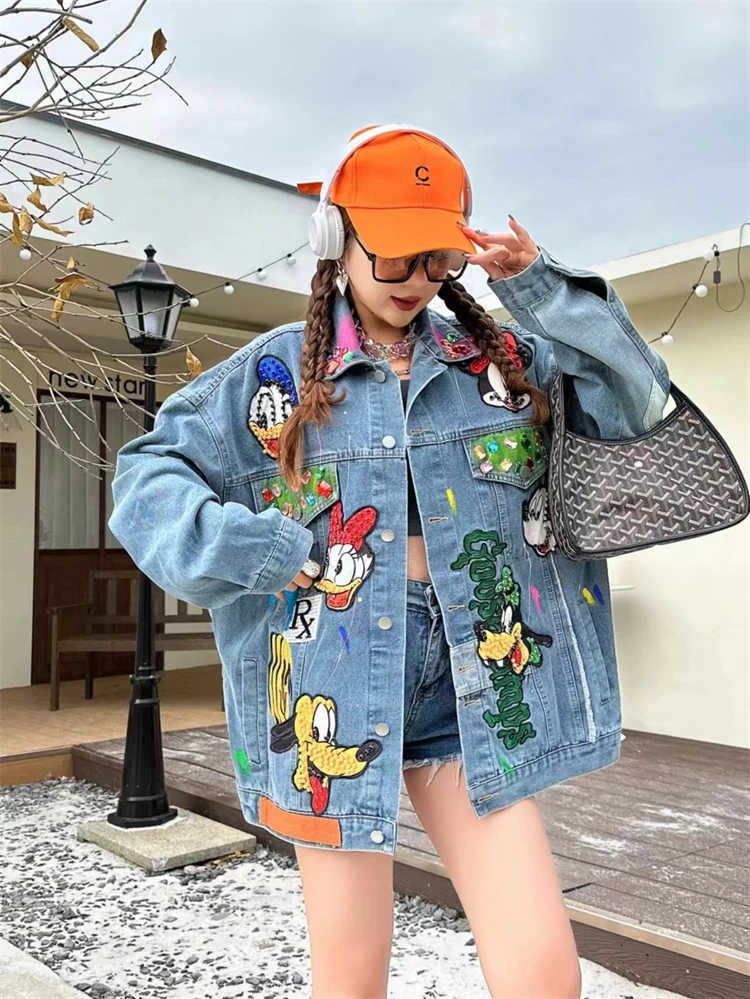 Potdemiel Fashion Brand Heavy Industry New Cartoon Printed Denim Jacket Women's Loose Personalized Diamond Embroidered Sweet Top