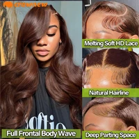 Perruque Lace Front Wig naturelle Body Wave marron chocolat, cheveux humains, pre-plucked, 13x4, 13x6, HD, 200% 3