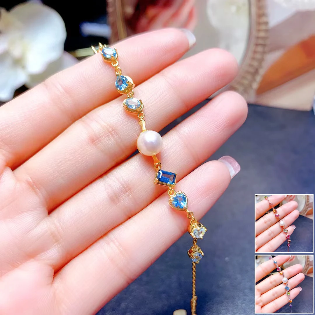 

MeiBaPJ 925 Sterling Silver Natural Colourful Mixed Gemstone Fashion Pearl Bracelet for Women Fine Bangle Wedding Jewelry