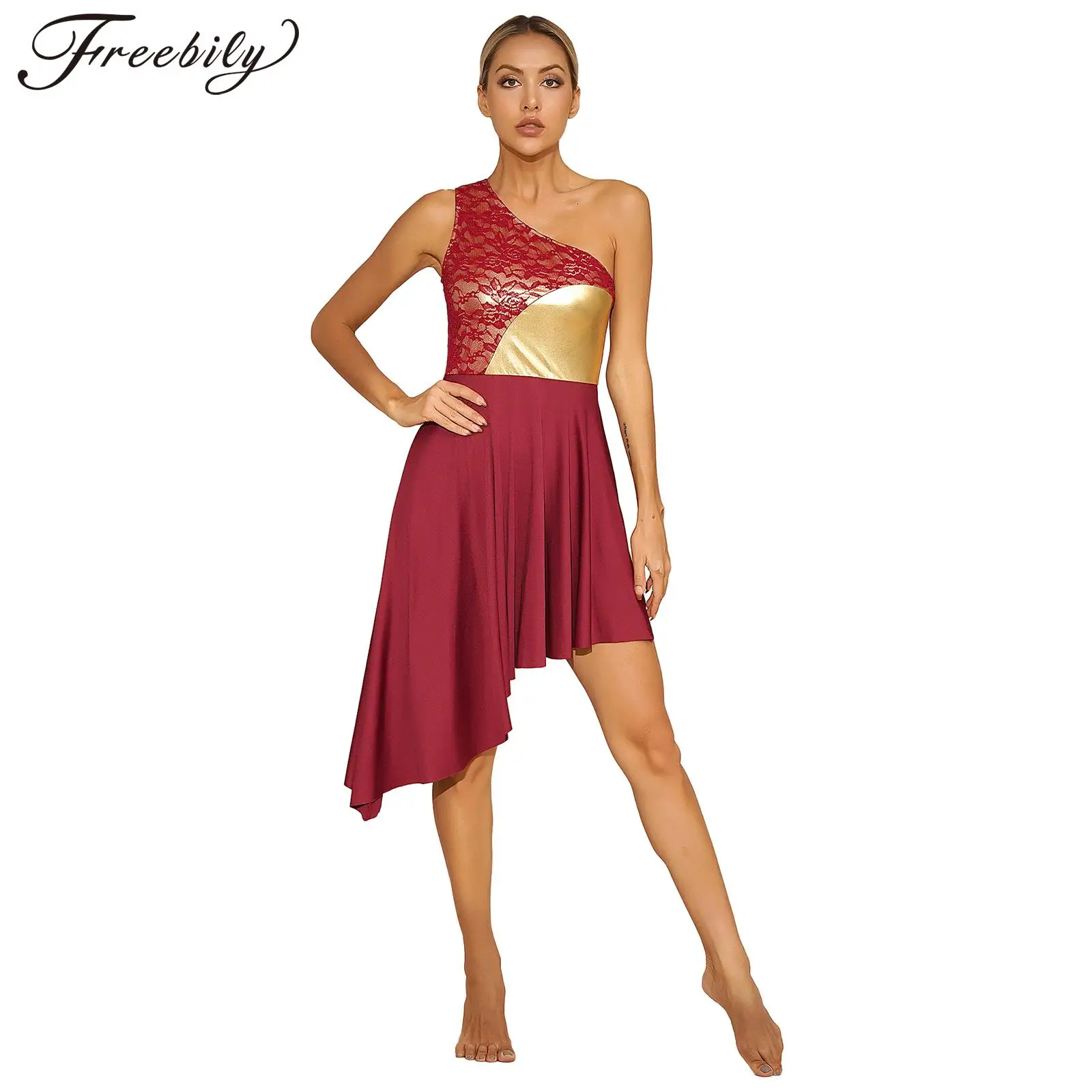 

Womens Ballet Dance Dress Asymmetrical Lyrical Modern Contemporary Dance Costumes One Shoulder Lace Praise Dancewear