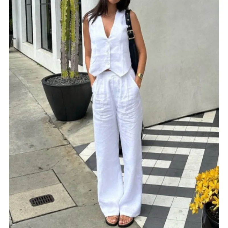 thumbnail image 1 of Clacive-Conjunto de dos piezas de lino blanco para mujer, camiseta sin mangas a la moda, última novedad, pantalones anchos de cintura alta a juego, verano 2024, 1 of 5